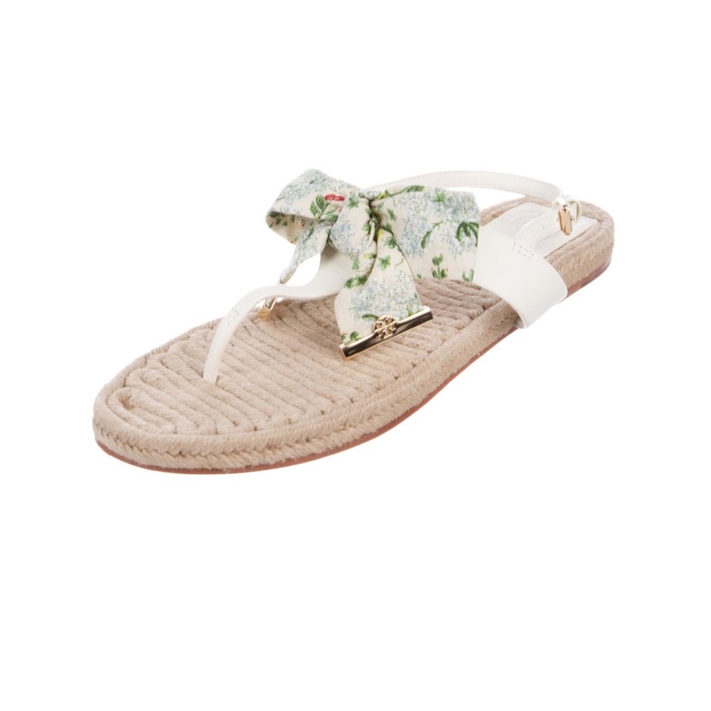 Tory Burch Ivory & Floral Bow Jute Sandals